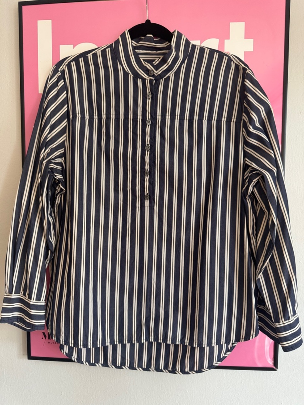 J. Crew Navy and White Striped Mandarin-Collar Button-Up Shirt